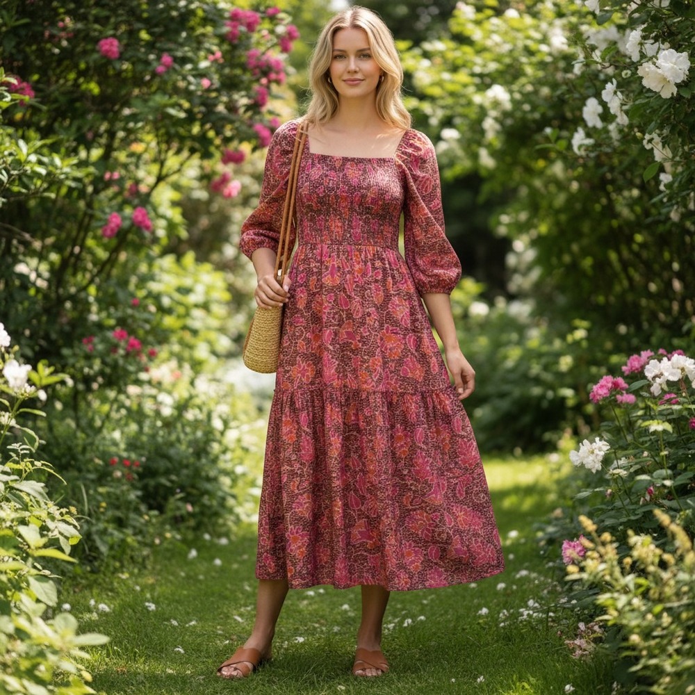 Summersalt The Countryside smocked Maxi Dress Womens M Floral Batik Cottagecore